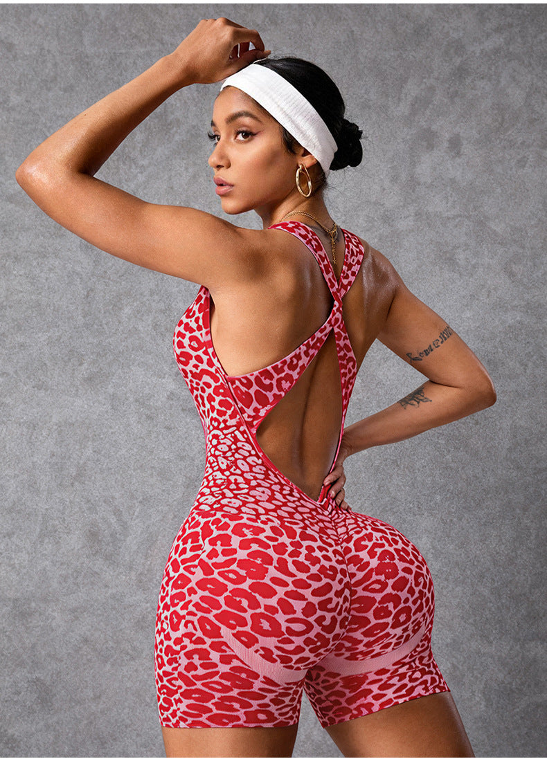 Lila Zen Red Leopard Open-Back Butt Lifting Sculpt Yoga Romper Shorts