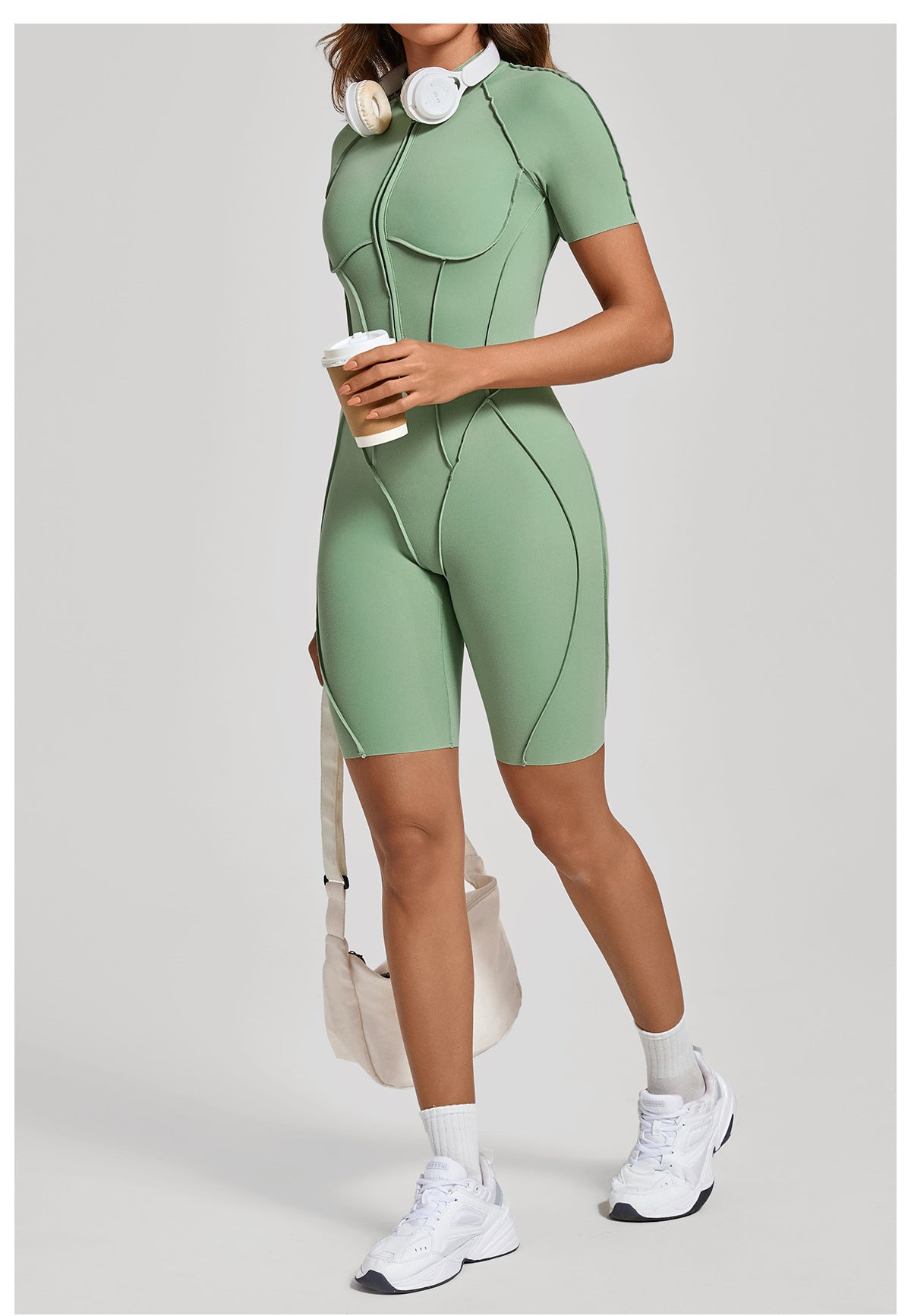 Zip Front Open Back Sculpt Seam Short Romper
