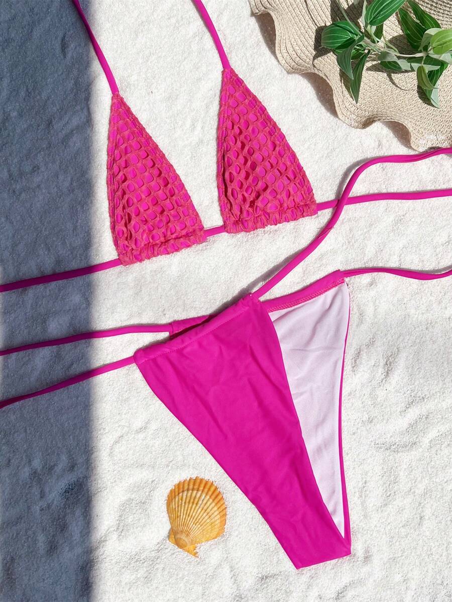 Lila Zen Crochet Triangle Bikini Set with Side-Tie Mesh Skirt