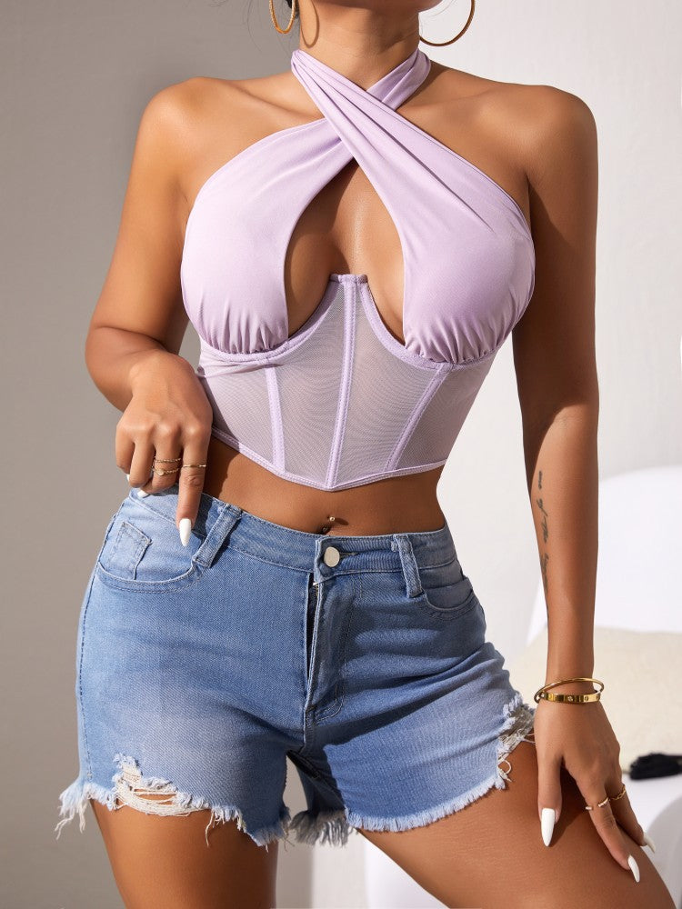 Cross-Halter Plunge Mesh Corset Crop Top