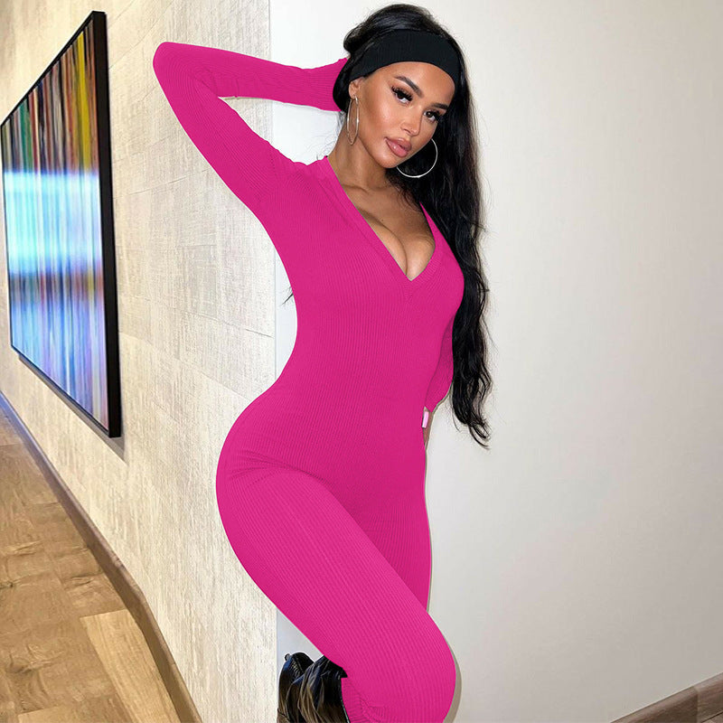 Casual Ribbed Deep V-Neck Long Sleeve Skinny Jumpsuit