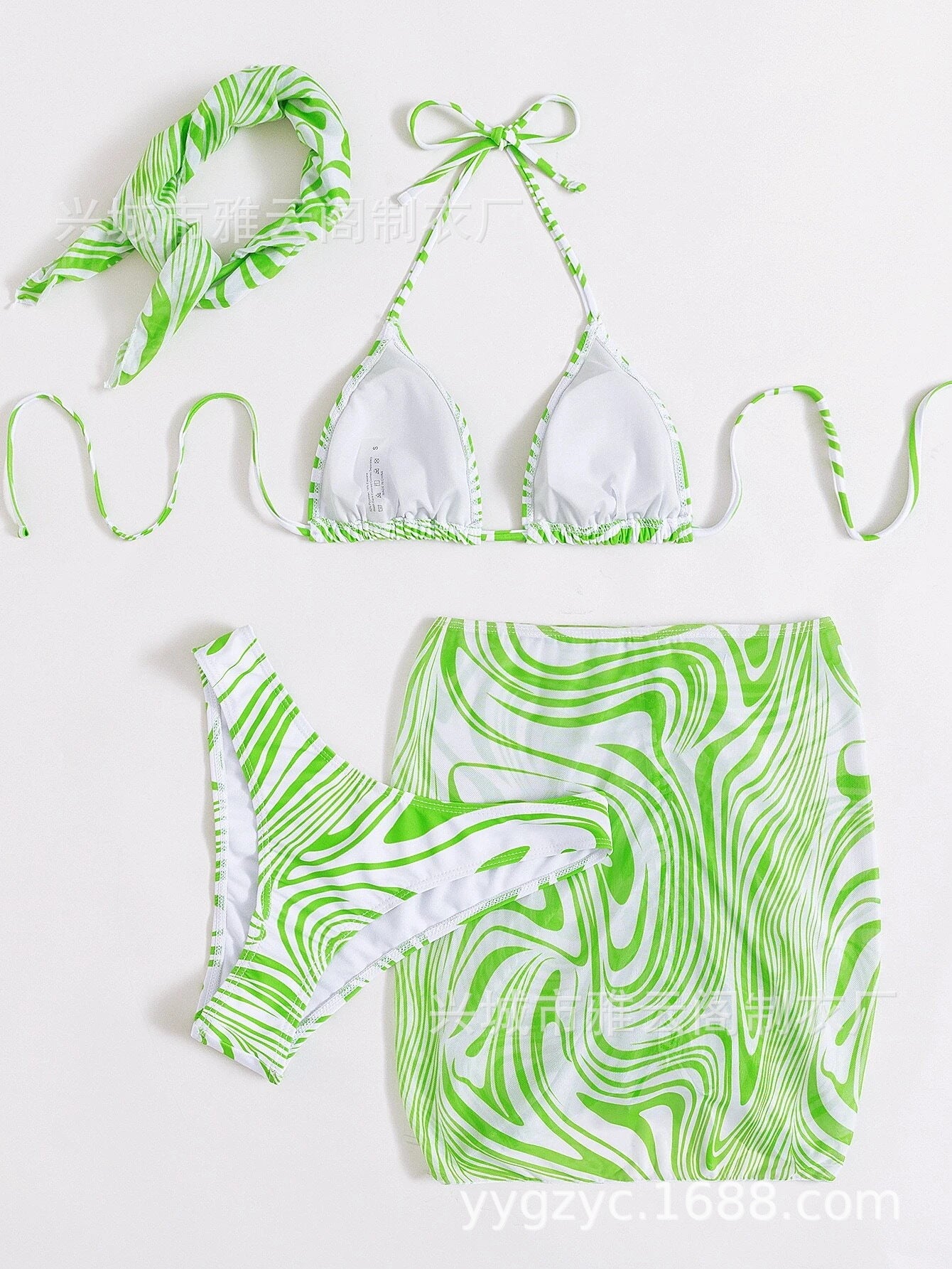 Swirl Print Triangle Bikini & Ruched Mini Skirt Set