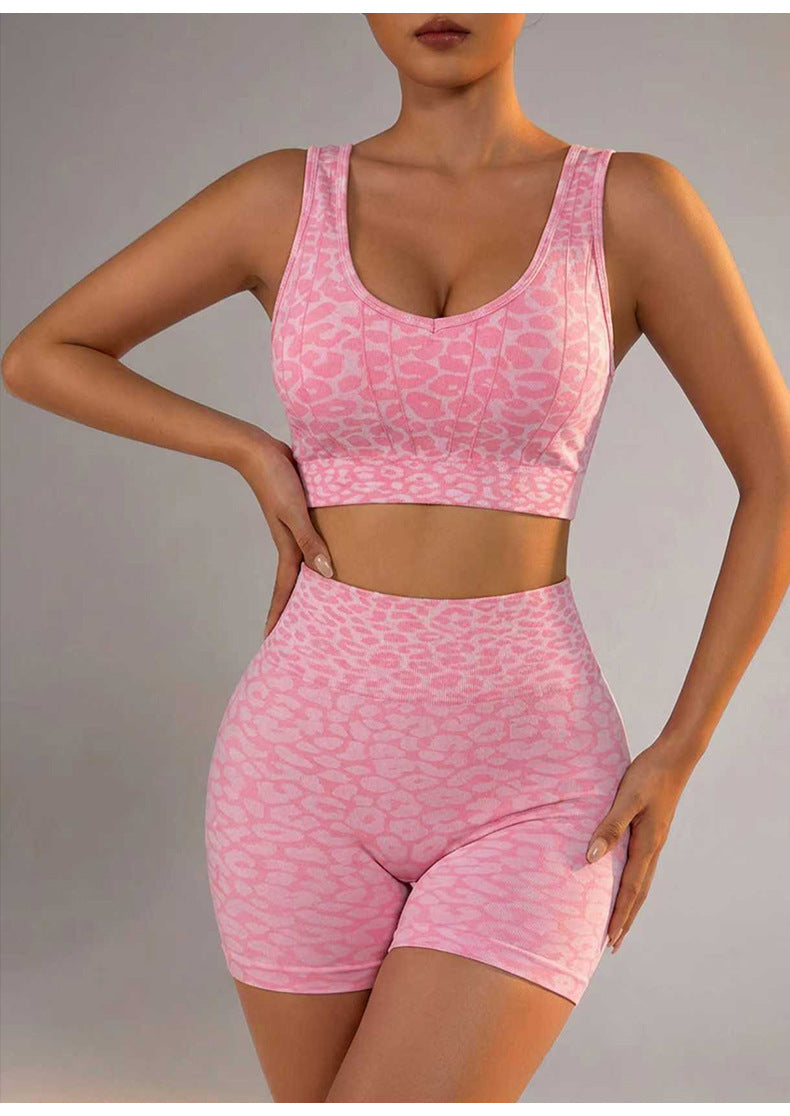 Lila Zen Leopard Jacquard Crossback Sports Bra & High-Waisted Biker Shorts Set