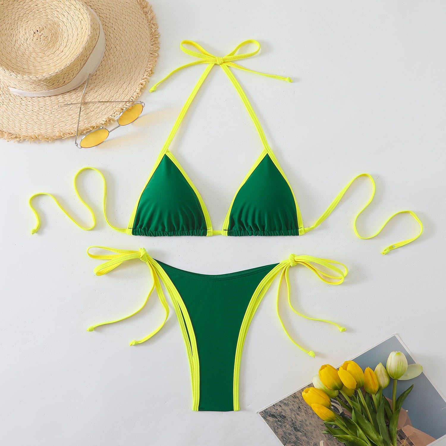 Contrast-Trim Halter Bikini Set