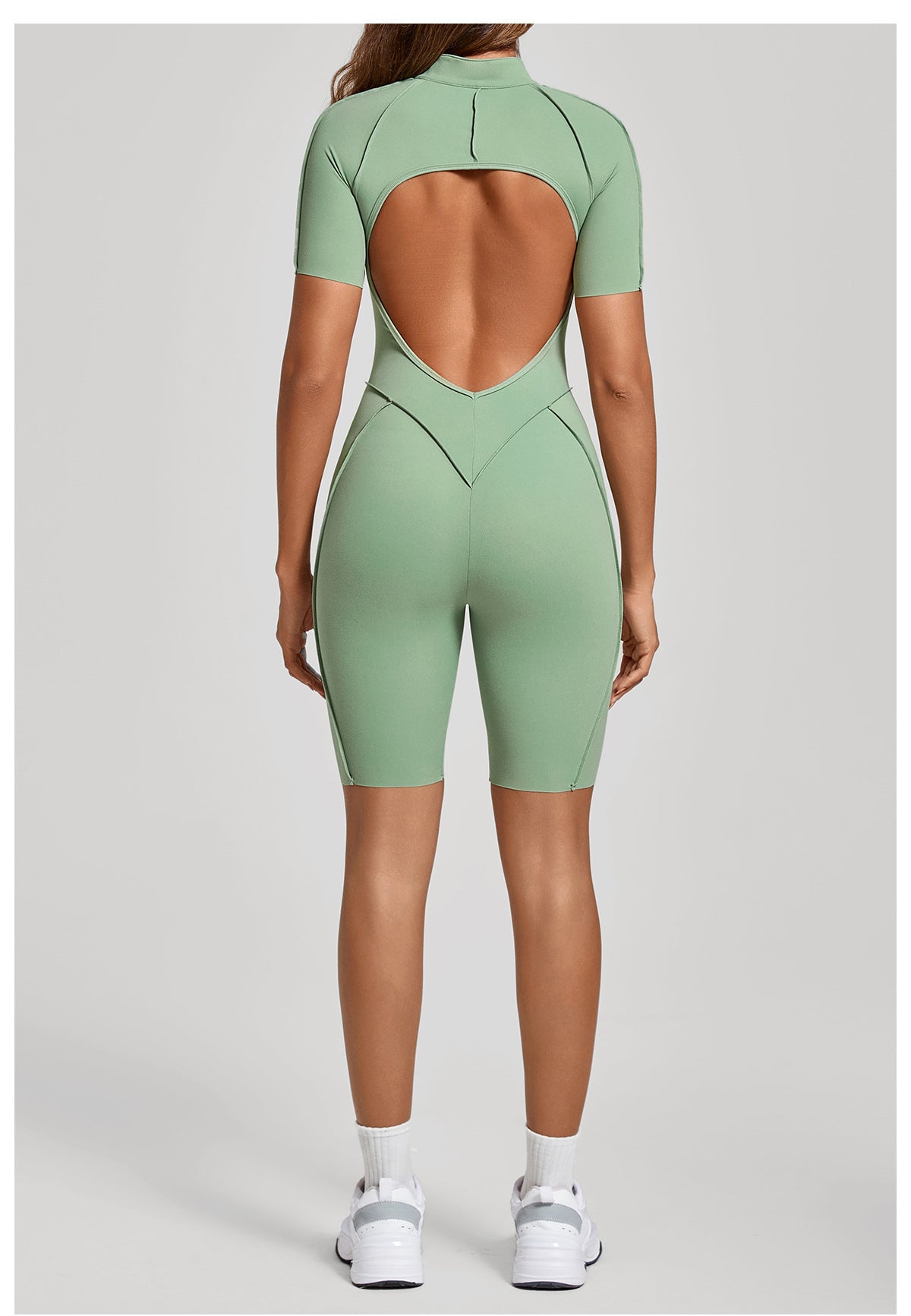 Zip Front Open Back Sculpt Seam Short Romper