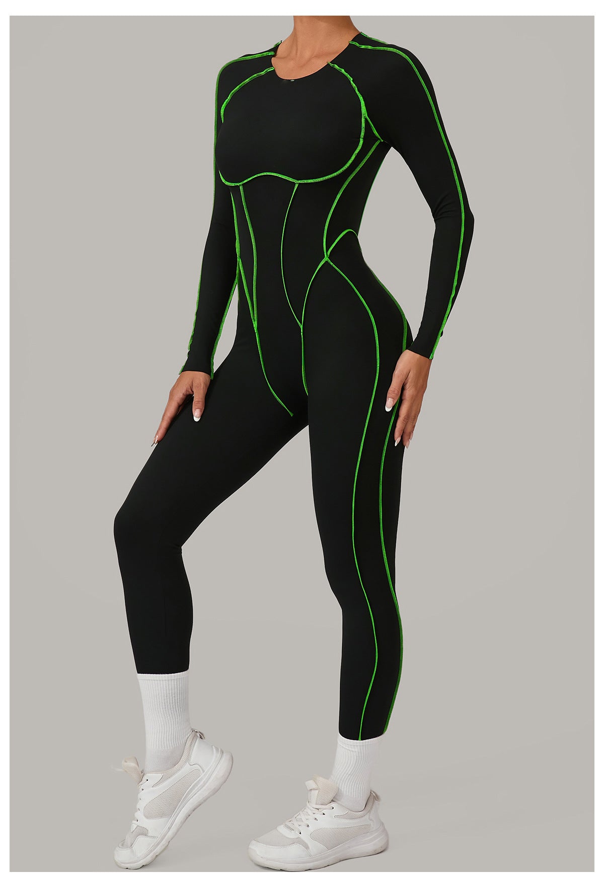 Contrast Seam Open Back Long Sleeve Jumpsuit