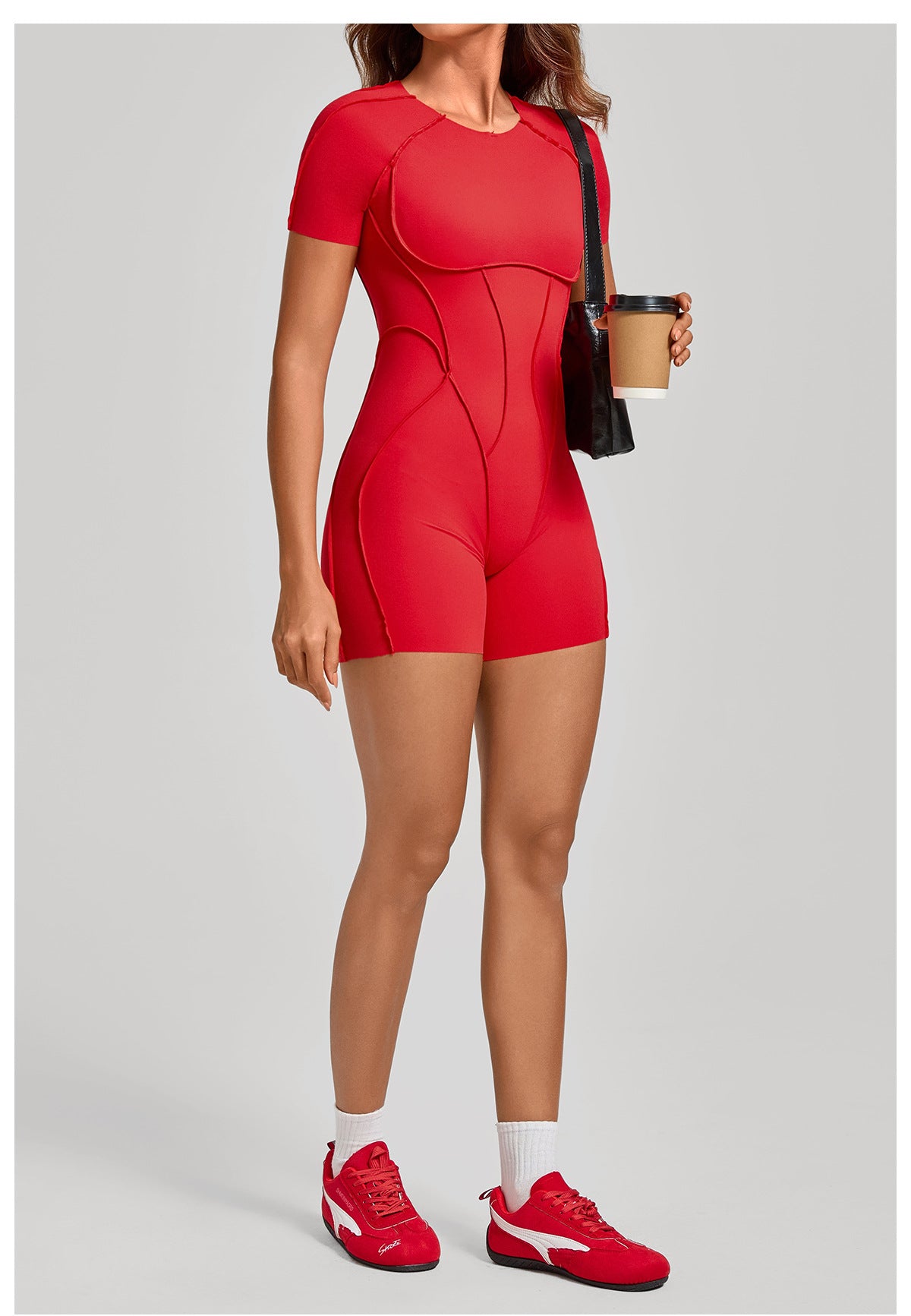 Lila Zen Sculpted Open-Back Short-Sleeve Yoga Romper