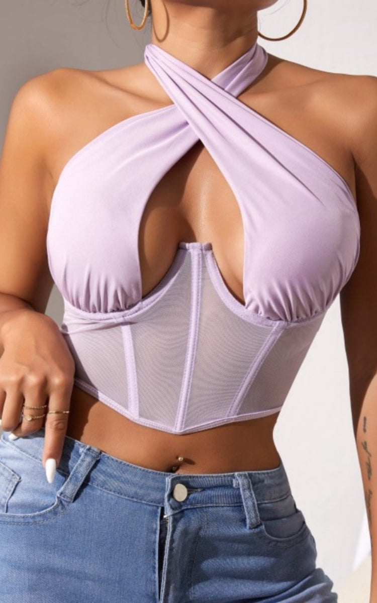 Cross-Halter Plunge Mesh Corset Crop Top