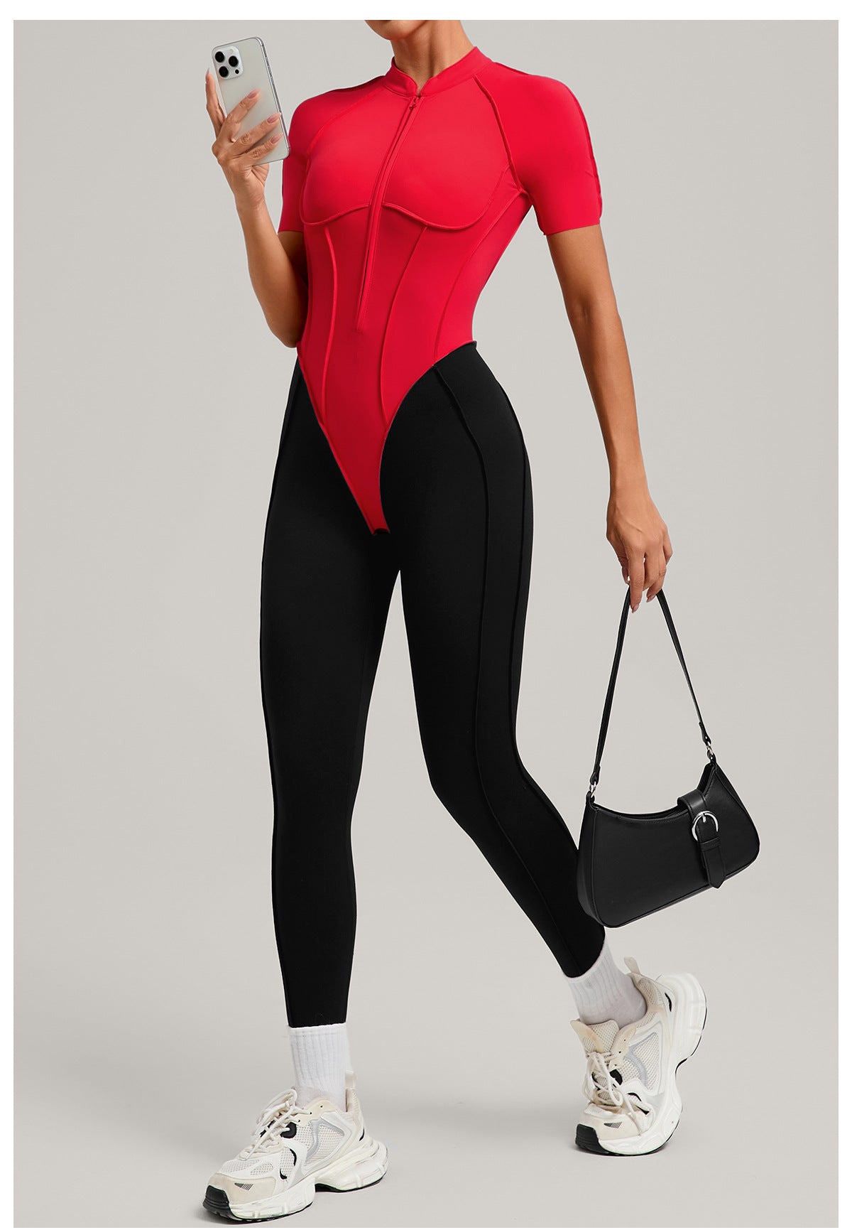 Lila Zen Zip Front Colorblock Backless Active Jumpsuit