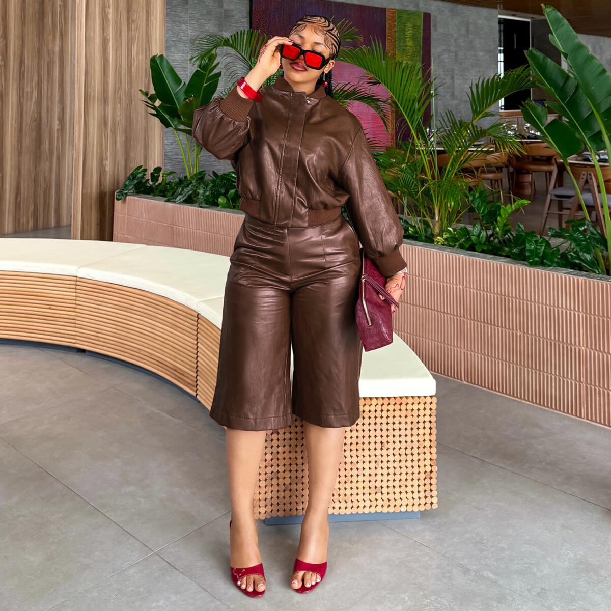 Faux Leather Zip Bomber & Bermuda Shorts Set