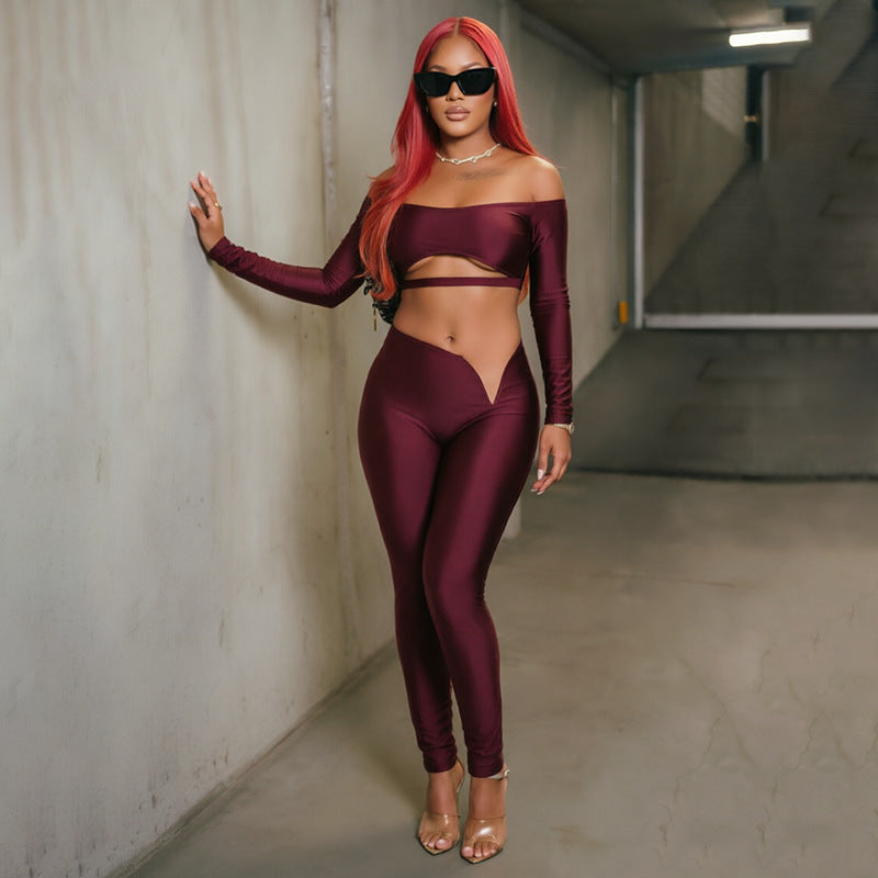 Off-Shoulder Cutout Crop Top & V-Waist Pants Set