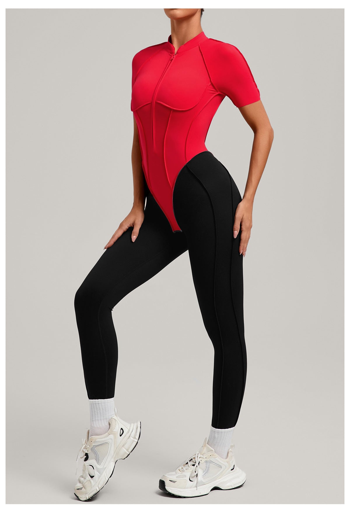 Lila Zen Zip Front Colorblock Backless Active Jumpsuit