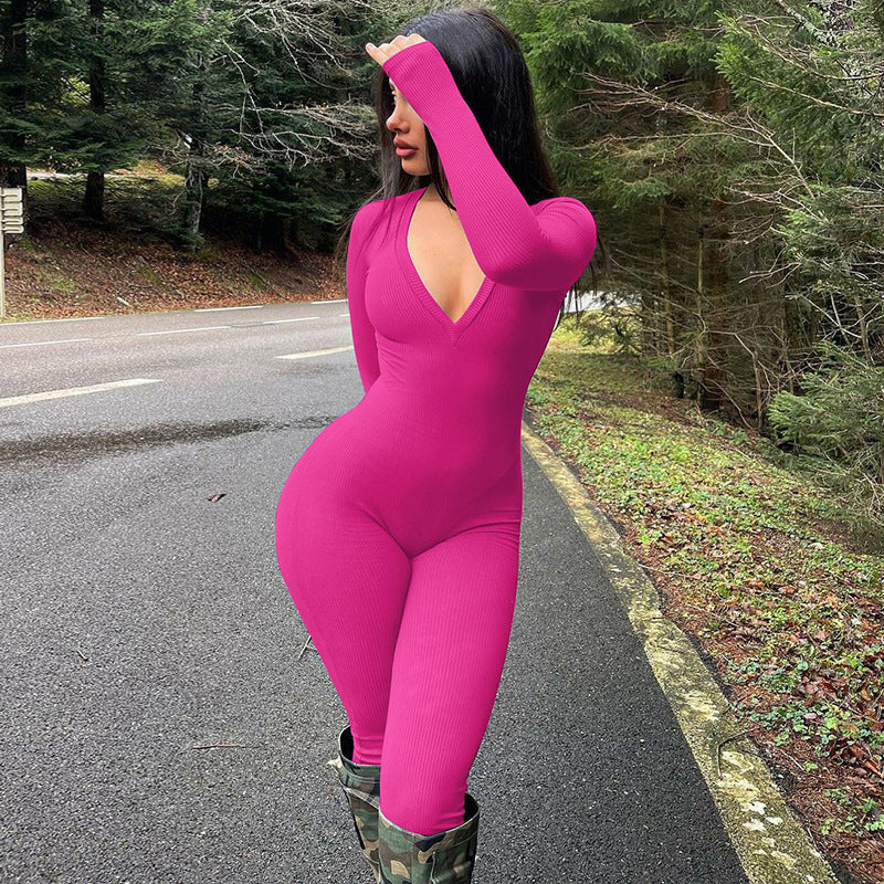 Casual Ribbed Deep V-Neck Long Sleeve Skinny Jumpsuit