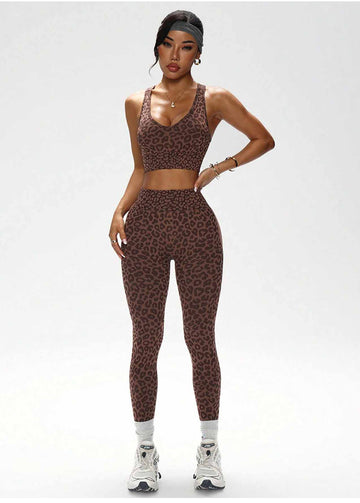 Lila Zen Coffee Leopard Cross-Back Sports Bra & High-Waist Leggings Set
