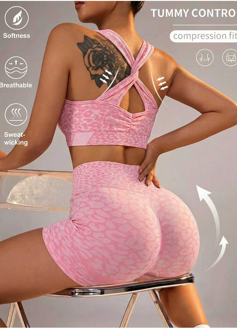 Lila Zen Leopard Jacquard Crossback Sports Bra & High-Waisted Biker Shorts Set