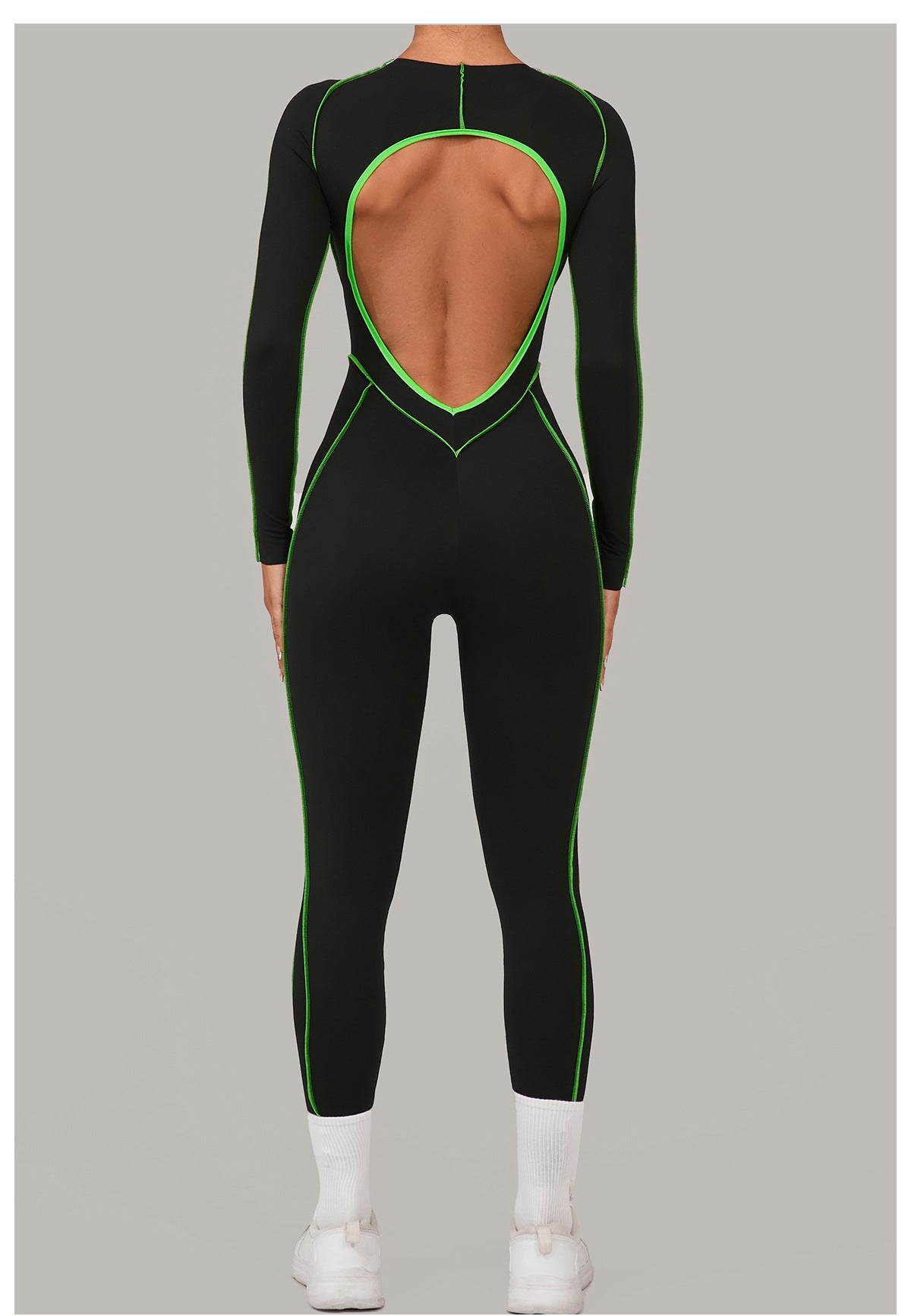 Contrast Seam Open Back Long Sleeve Jumpsuit
