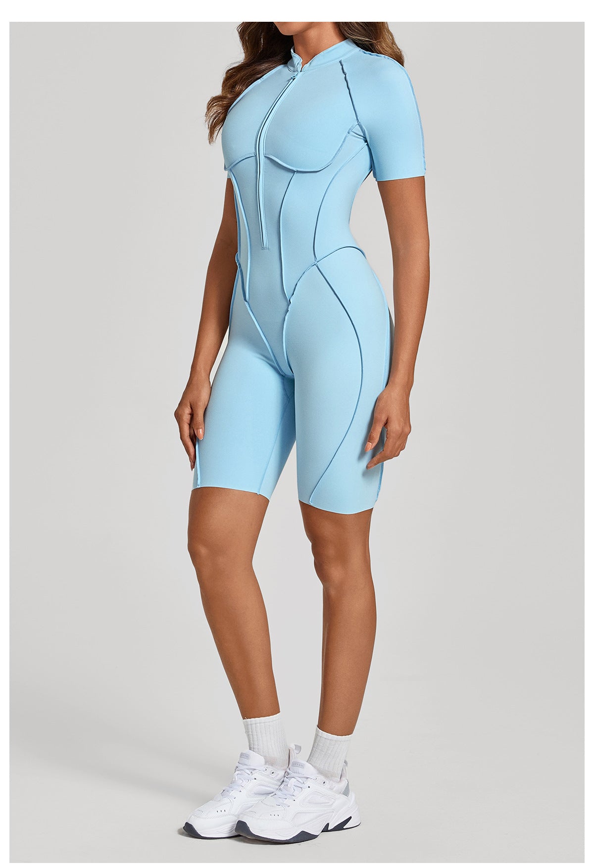Zip Front Open Back Sculpt Seam Short Romper