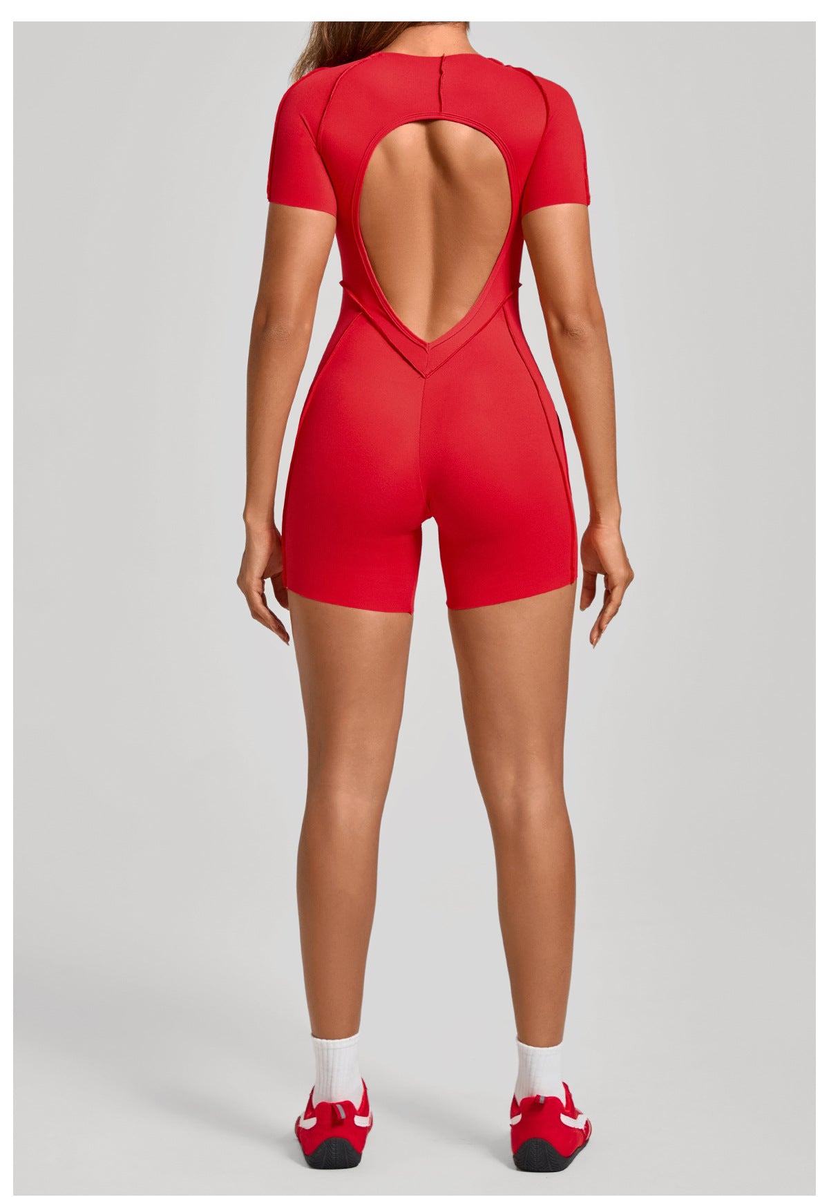 Lila Zen Sculpted Open-Back Short-Sleeve Yoga Romper