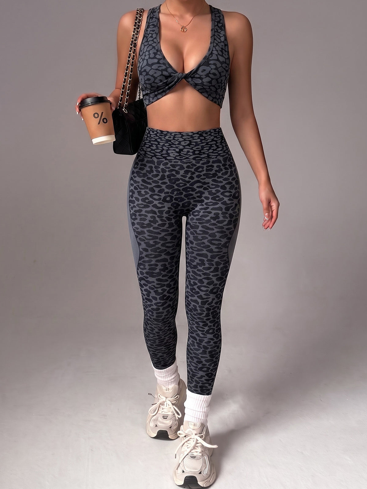 Leopard Print Twist-Front Crossback Bra & Scrunch Leggings Set