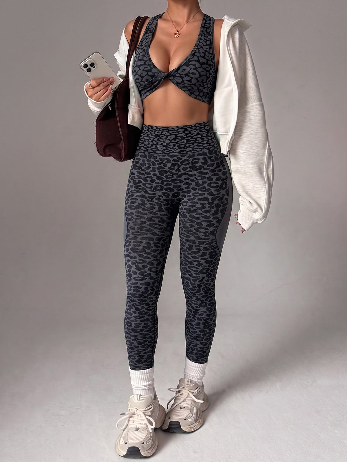 Leopard Print Twist-Front Crossback Bra & Scrunch Leggings Set