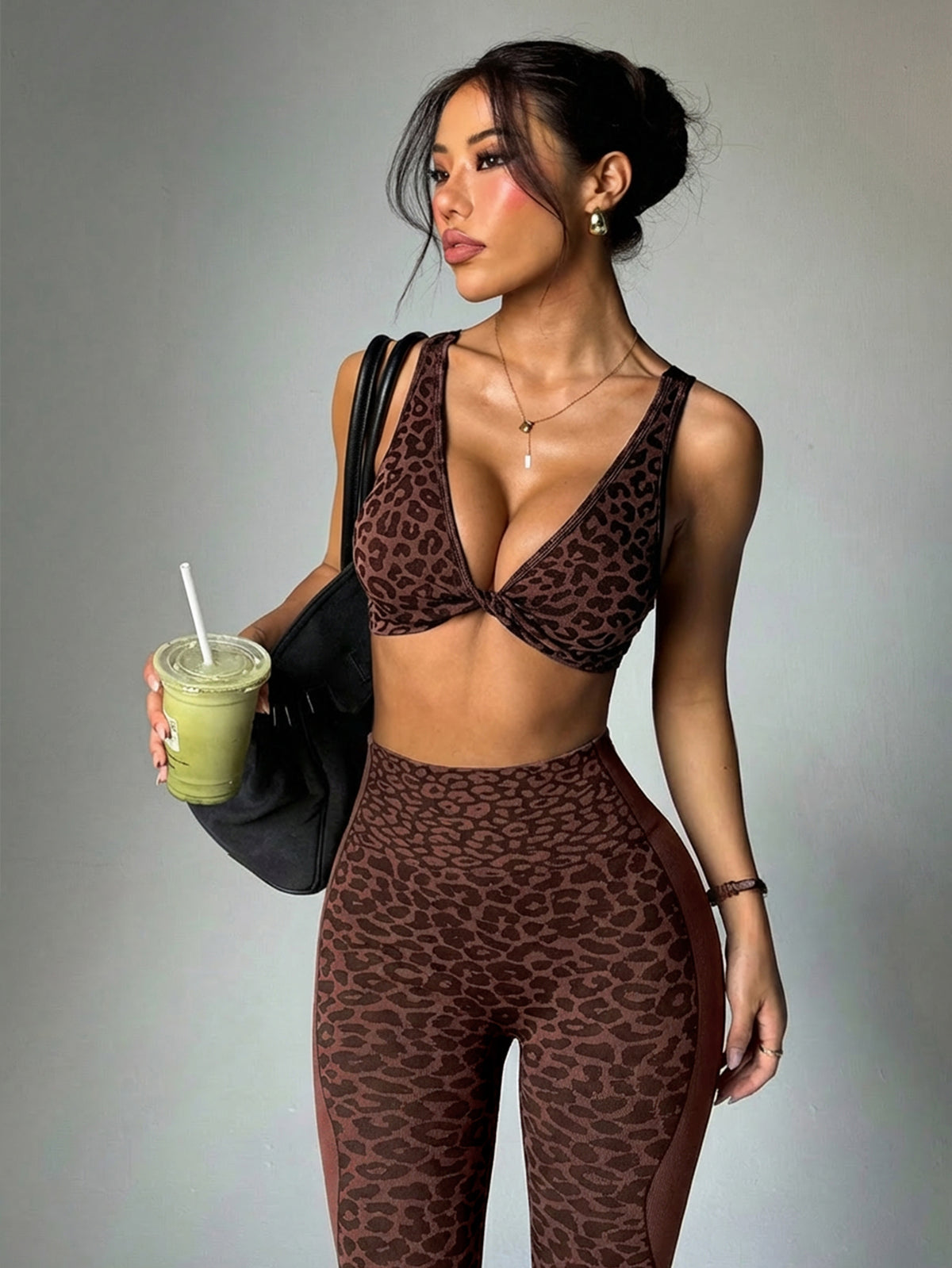 Leopard Print Twist-Front Crossback Bra & Scrunch Leggings Set