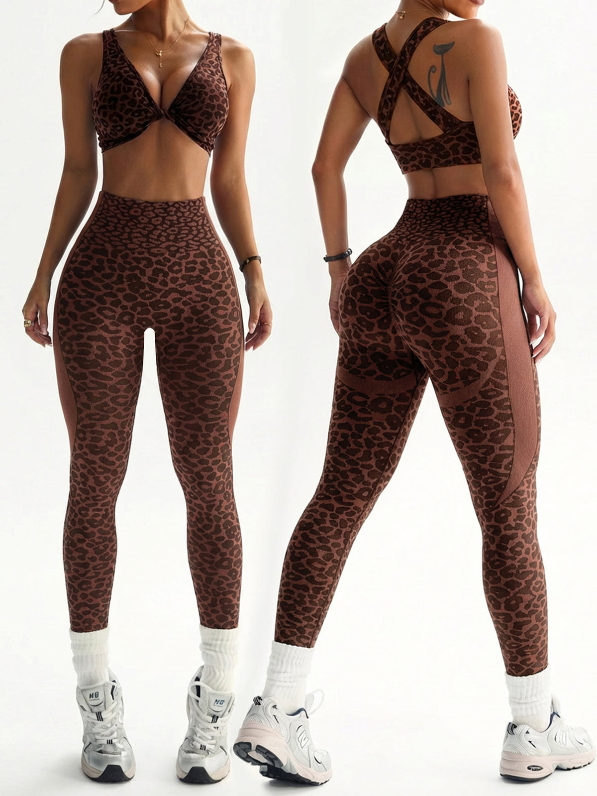 Leopard Print Twist-Front Crossback Bra & Scrunch Leggings Set