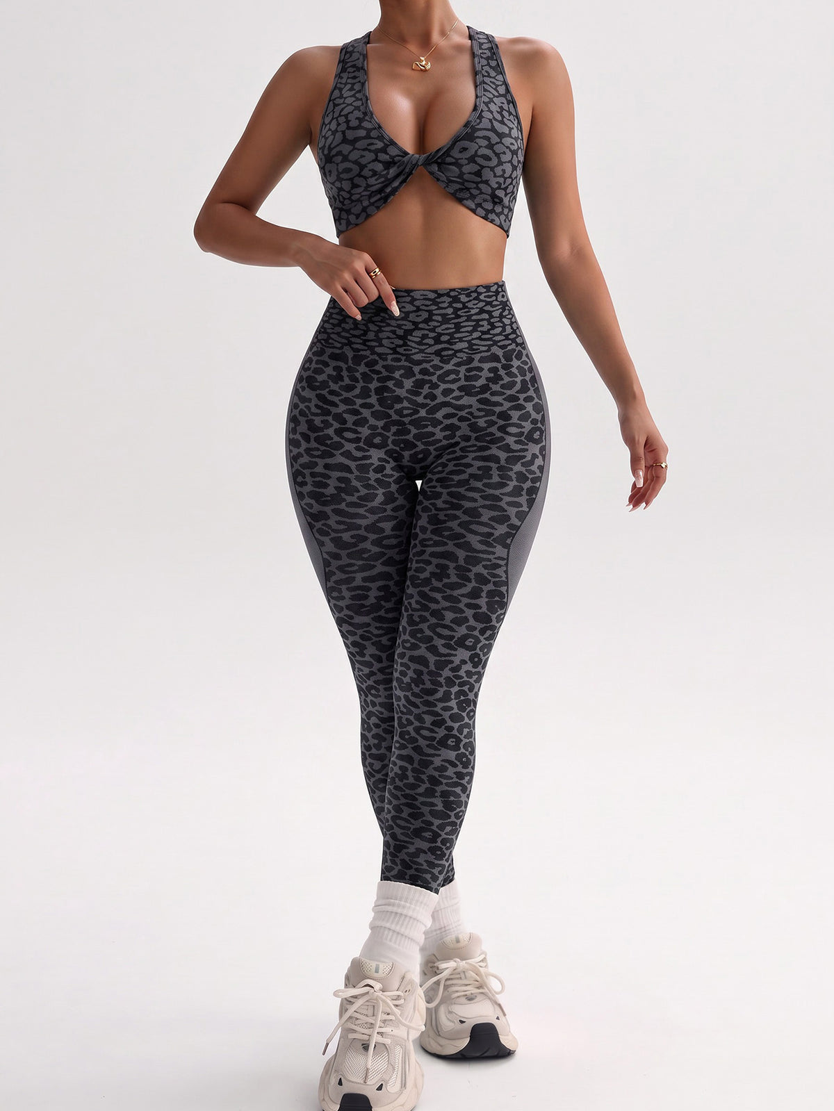 Leopard Print Twist-Front Crossback Bra & Scrunch Leggings Set