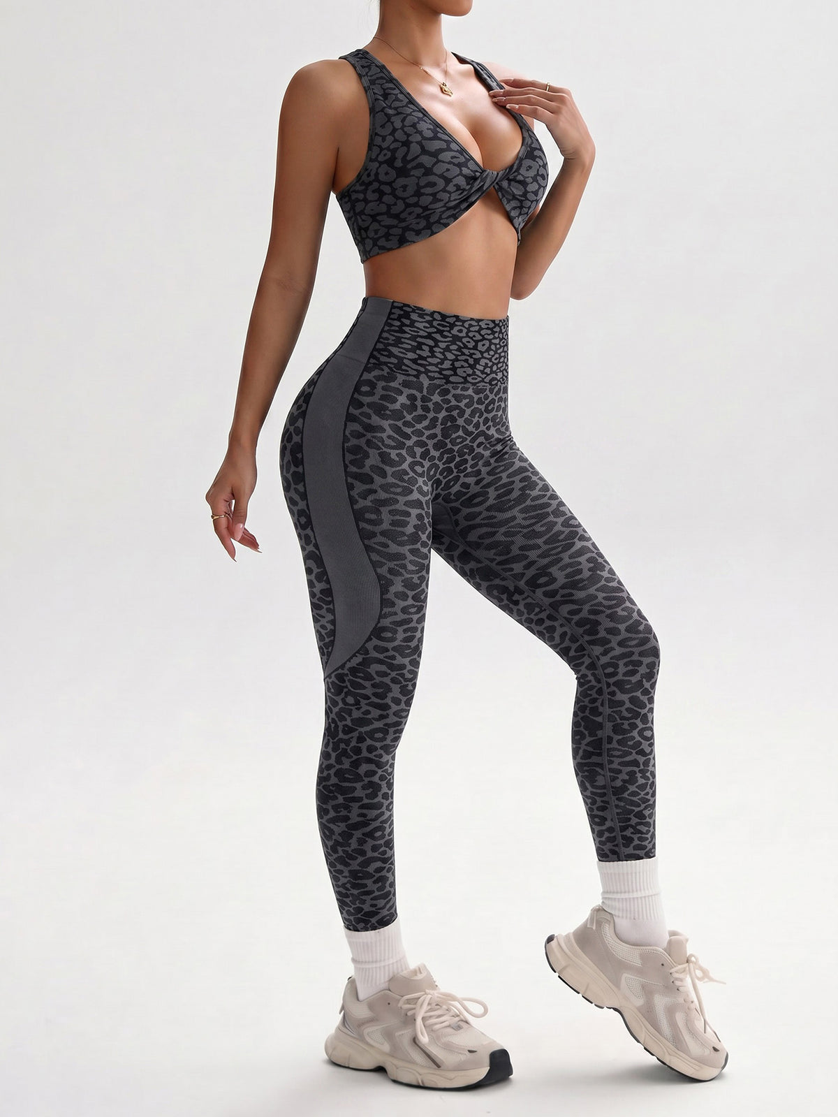 Leopard Print Twist-Front Crossback Bra & Scrunch Leggings Set
