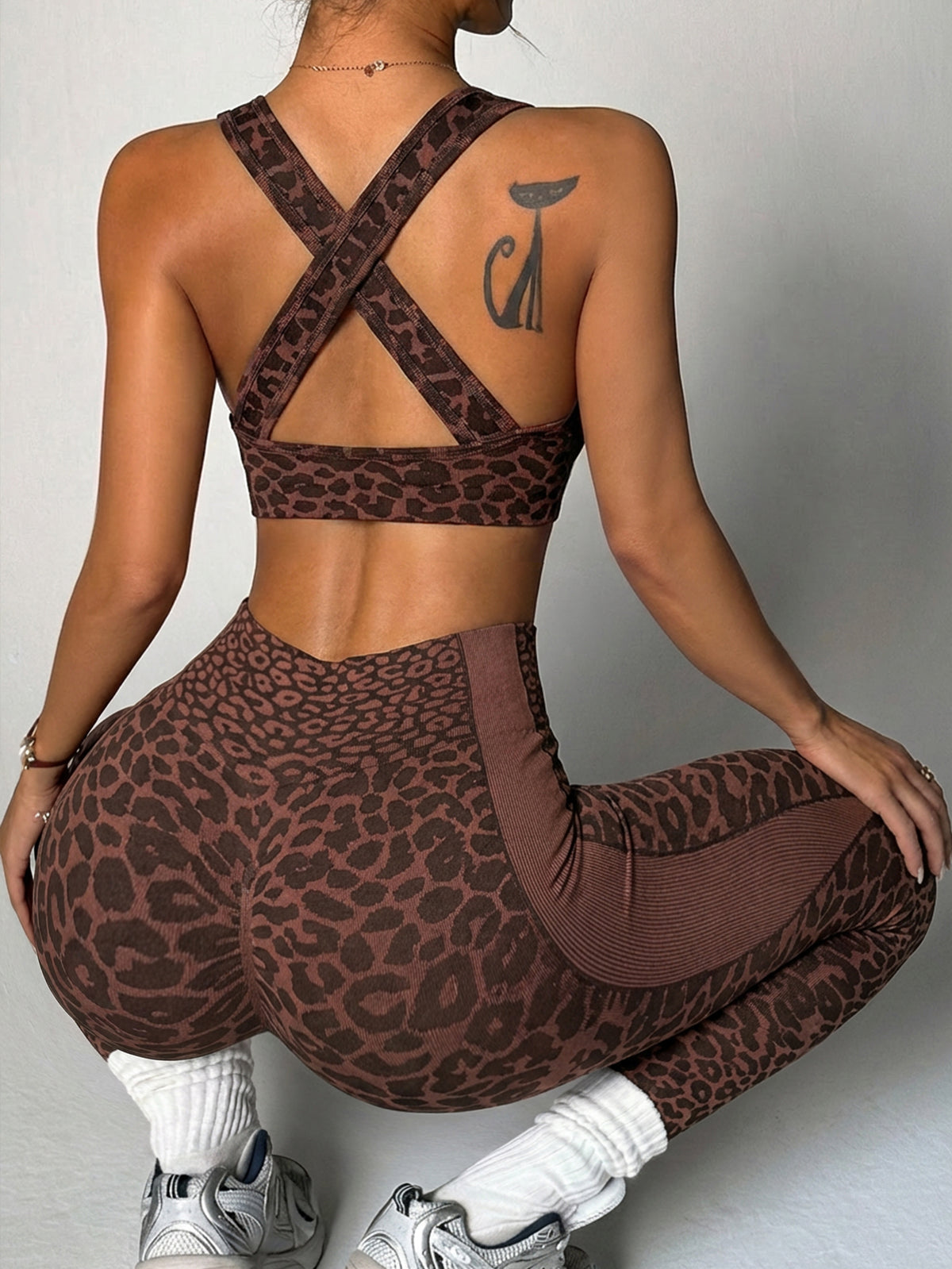 Leopard Print Twist-Front Crossback Bra & Scrunch Leggings Set
