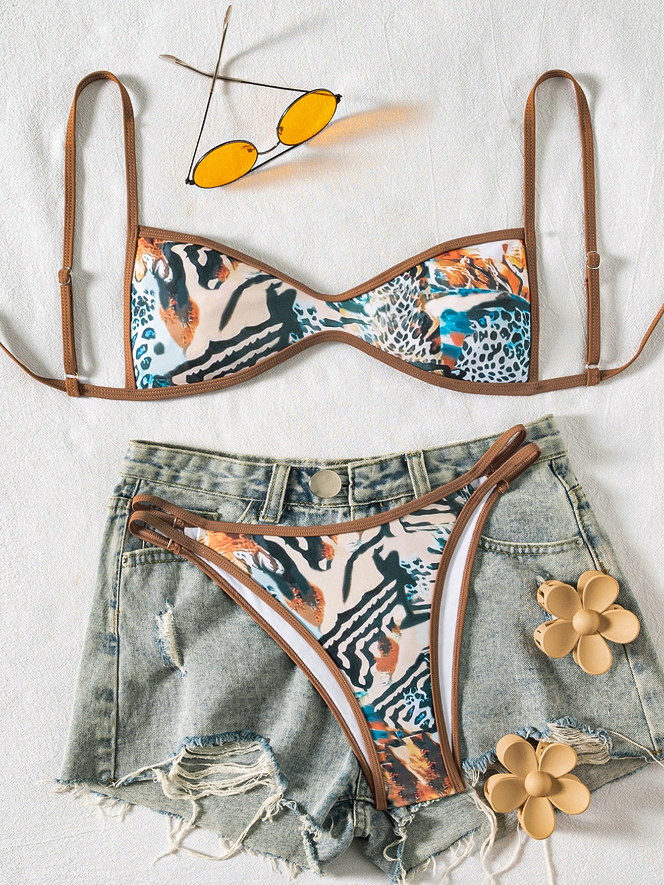 Lila Zen Vintage Print Scoop-Neck Double-Strap Bikini Set