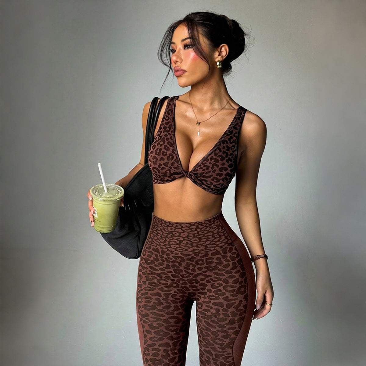 Leopard Print Twist-Front Crossback Bra & Scrunch Leggings Set