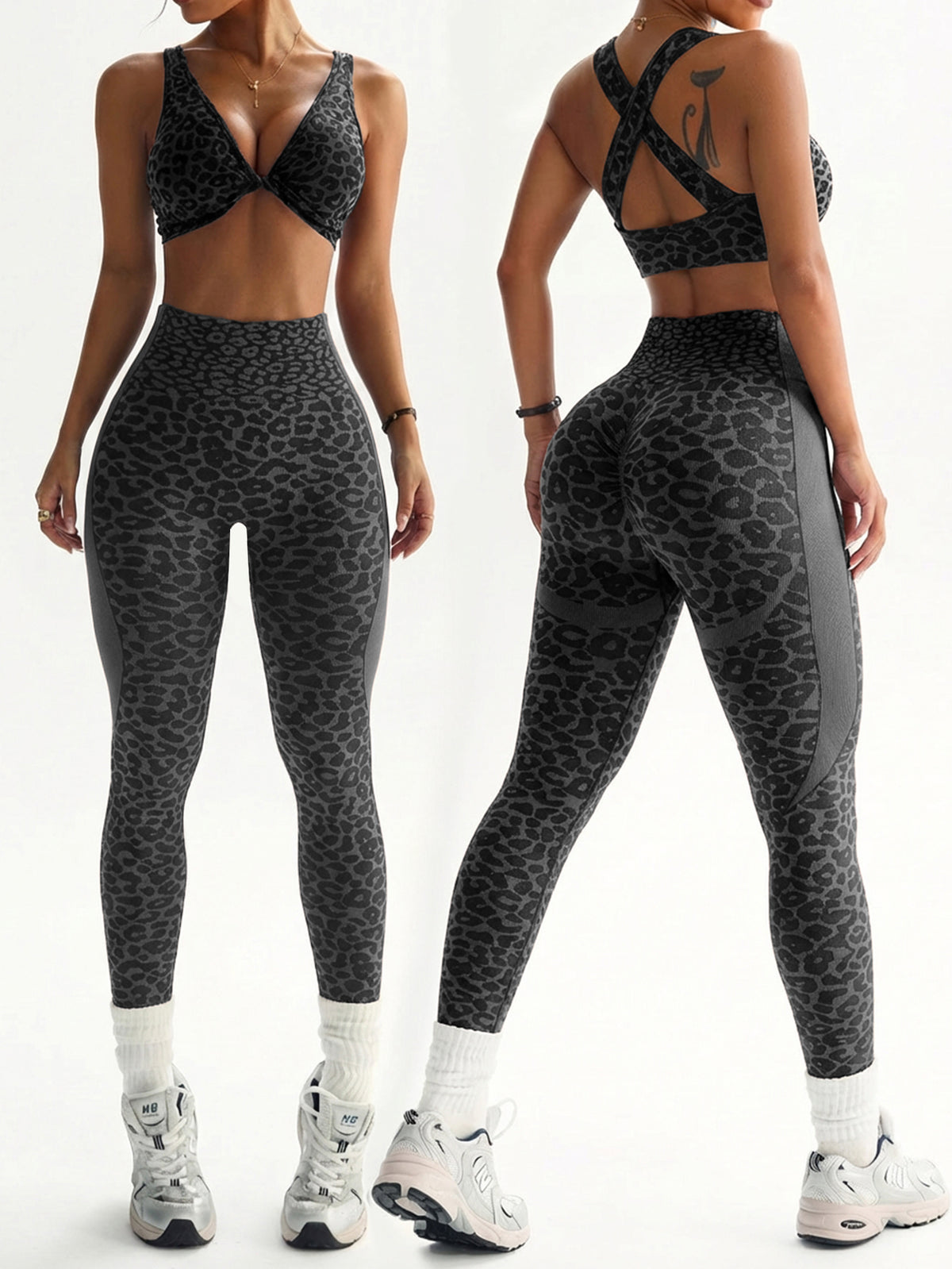 Leopard Print Twist-Front Crossback Bra & Scrunch Leggings Set