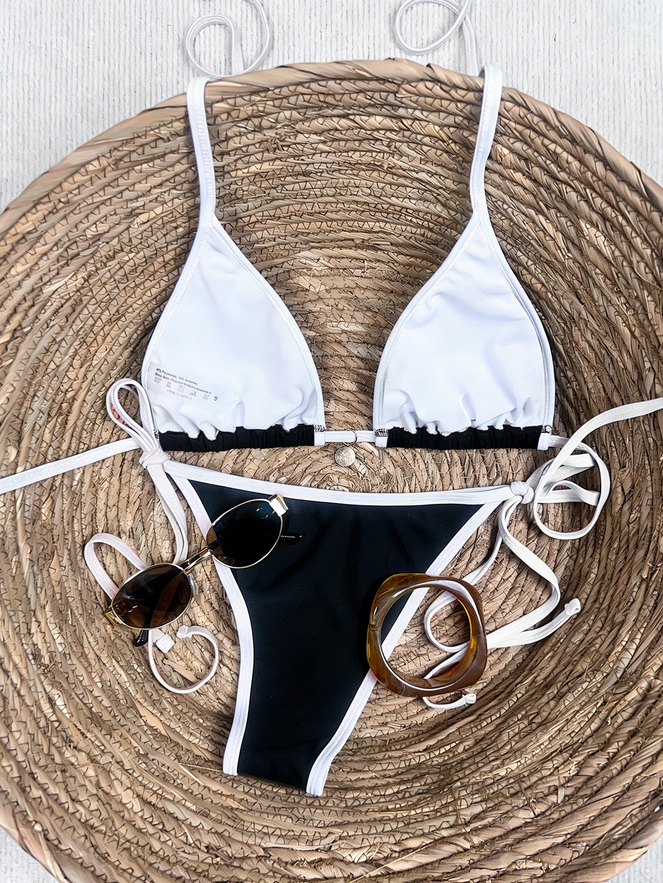 Lila Zen Contrast Trim Triangle Tie-Side Bikini Set