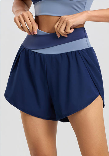 Lila Zen Women's Crossover High-Waisted Color-Blocked Faux Two-Piece Yoga Shorts