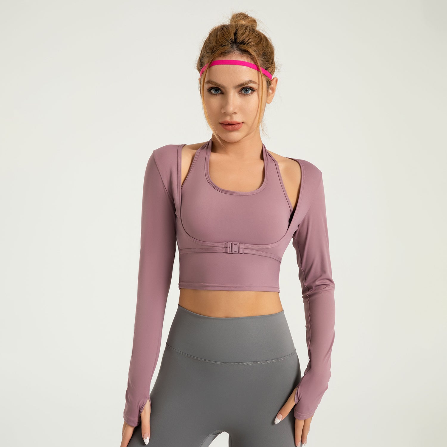 Halter-neck front buckle sports long sleeve