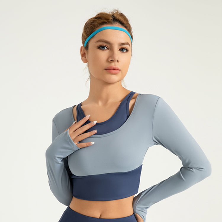 Lila Zen Shockproof Color-Blocked Faux Two-Piece Long-Sleeved Yoga Wear