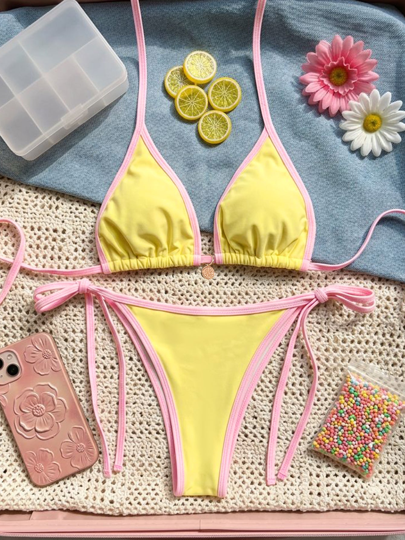 Lila Zen Contrast Trim Triangle Tie-Side Bikini Set