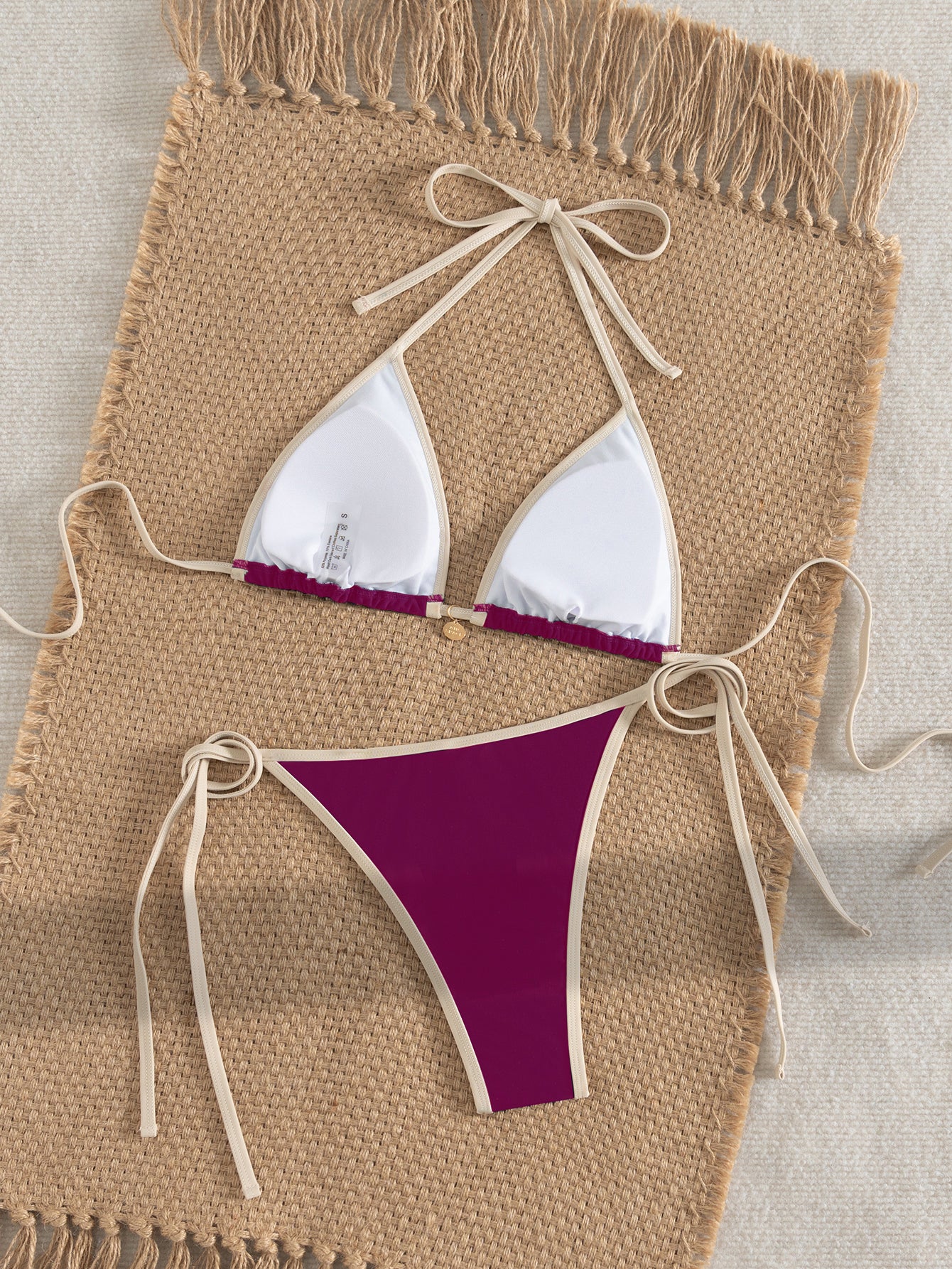 Lila Zen Contrast Trim Triangle Tie-Side Bikini Set