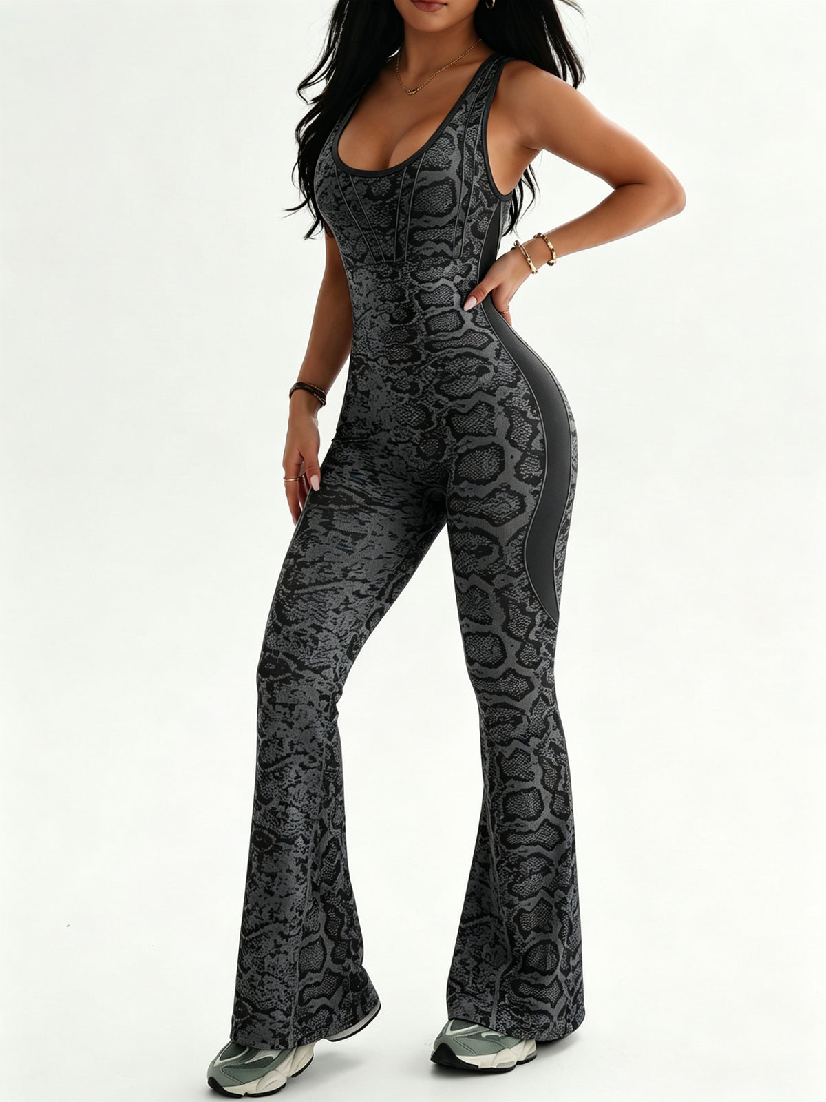 Snake Print Cross-Back Flare Jumpsuit
