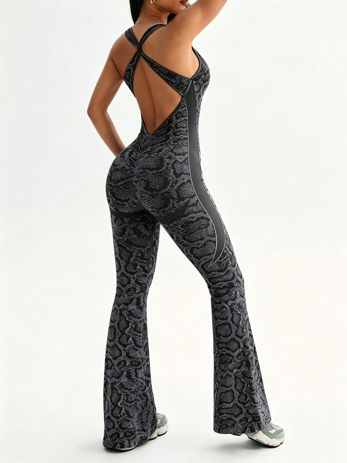 Snake Print Cross-Back Flare Jumpsuit