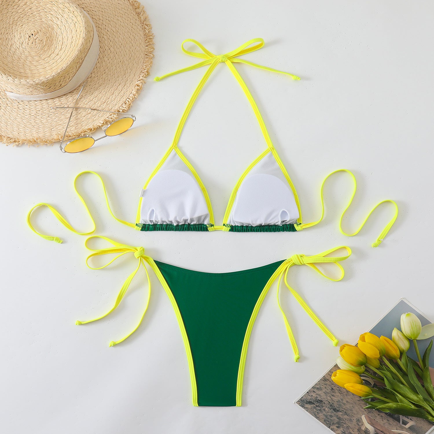 Contrast-Trim Halter Bikini Set