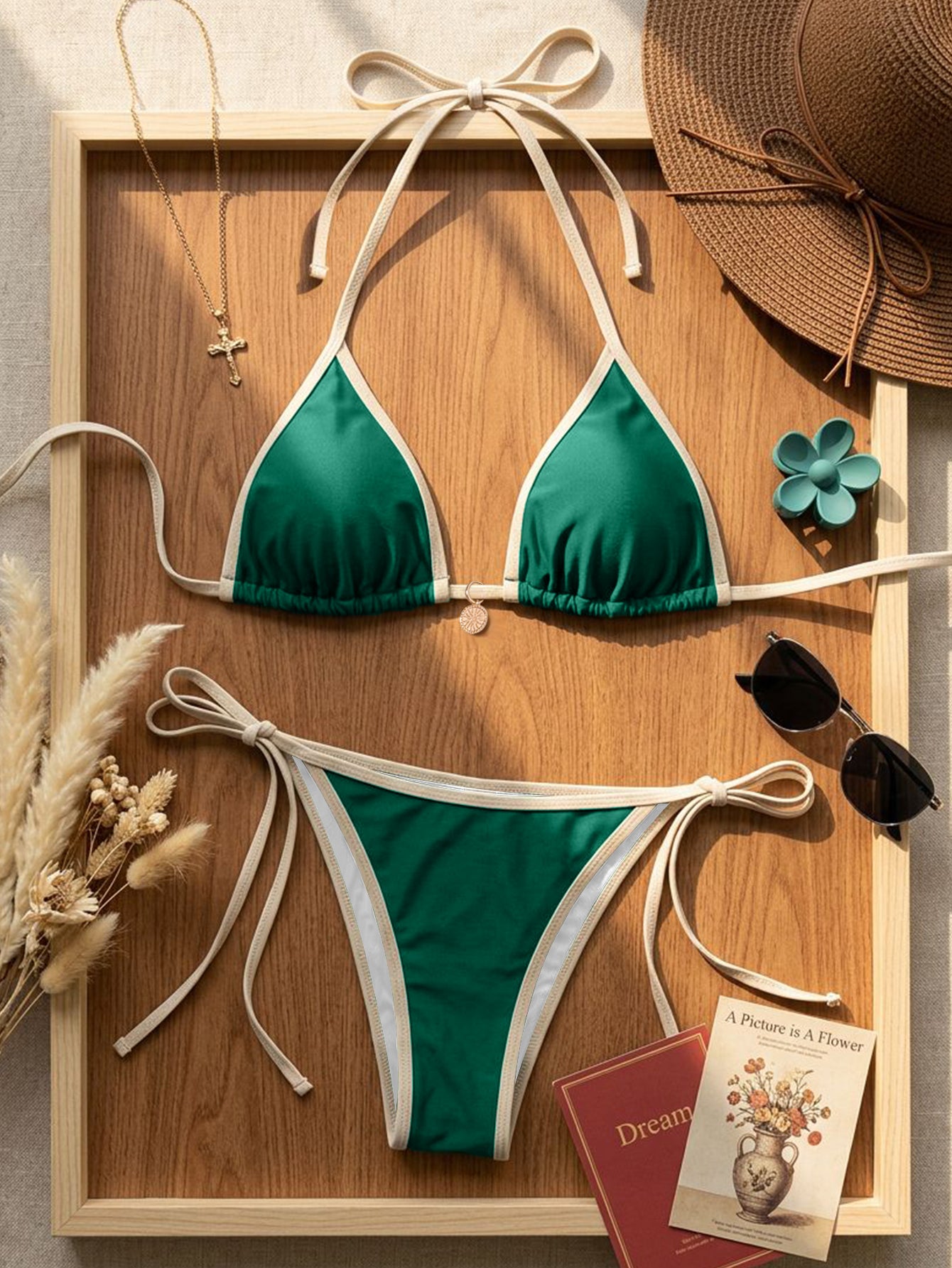 Lila Zen Contrast Trim Triangle Tie-Side Bikini Set