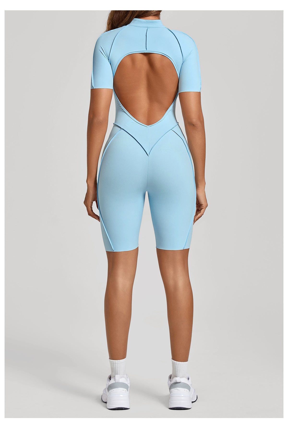 Zip Front Open Back Sculpt Seam Short Romper