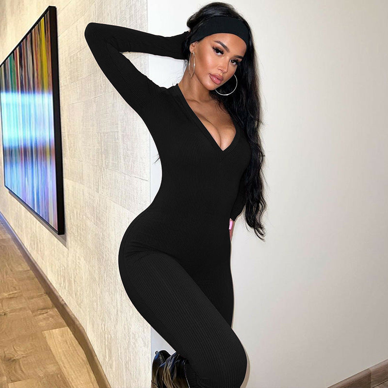 Casual Ribbed Deep V-Neck Long Sleeve Skinny Jumpsuit