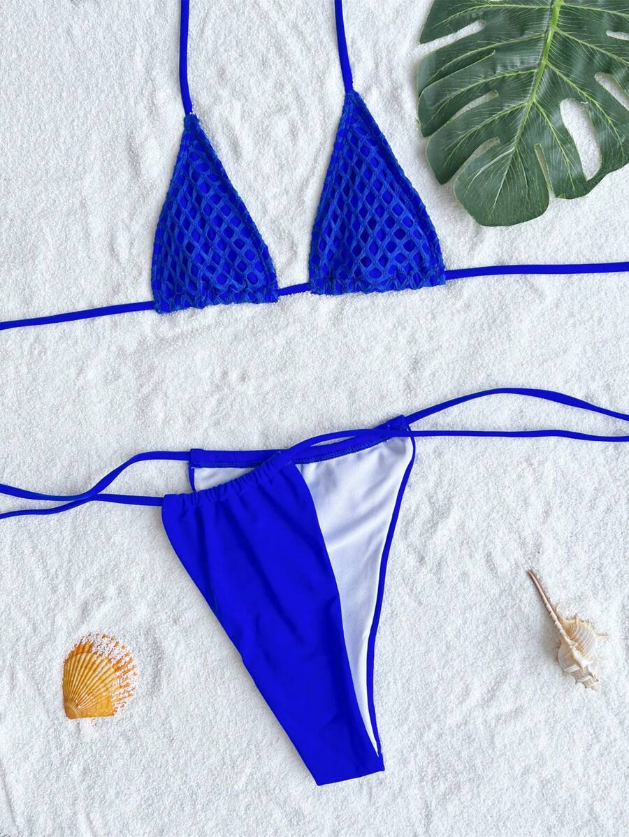 Lila Zen Crochet Triangle Bikini Set with Side-Tie Mesh Skirt