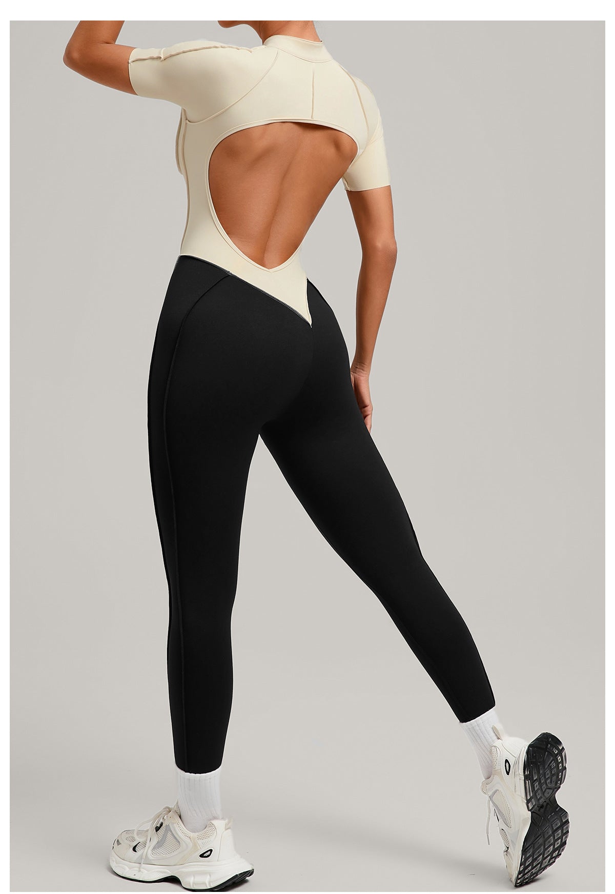 Lila Zen Zip Front Colorblock Backless Active Jumpsuit