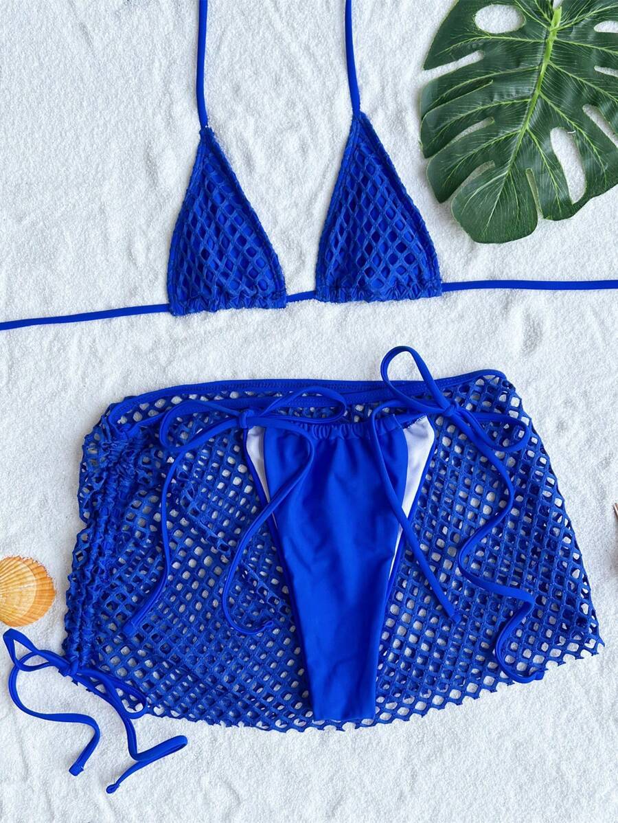 Lila Zen Crochet Triangle Bikini Set with Side-Tie Mesh Skirt
