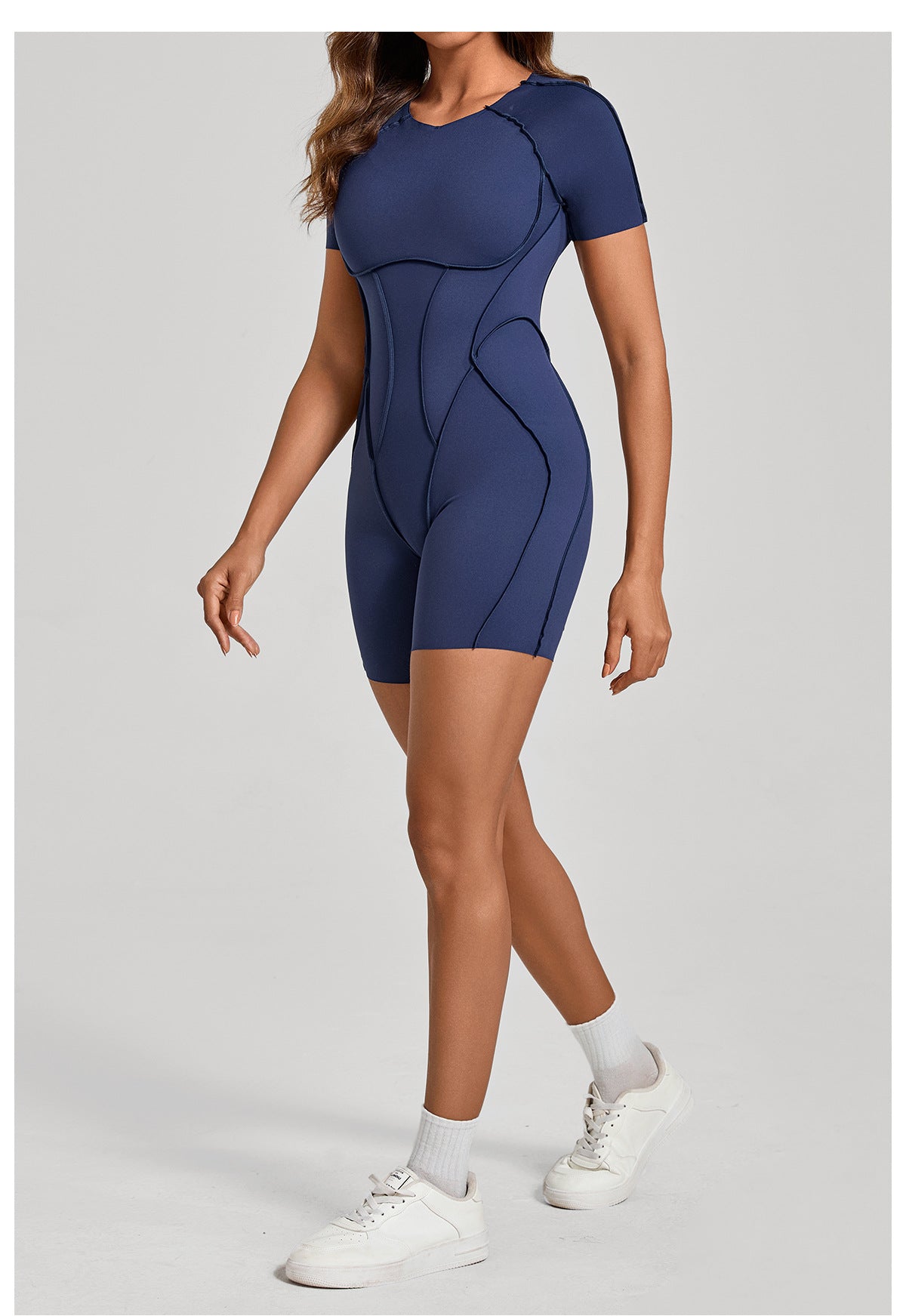 Lila Zen Sculpted Open-Back Short-Sleeve Yoga Romper