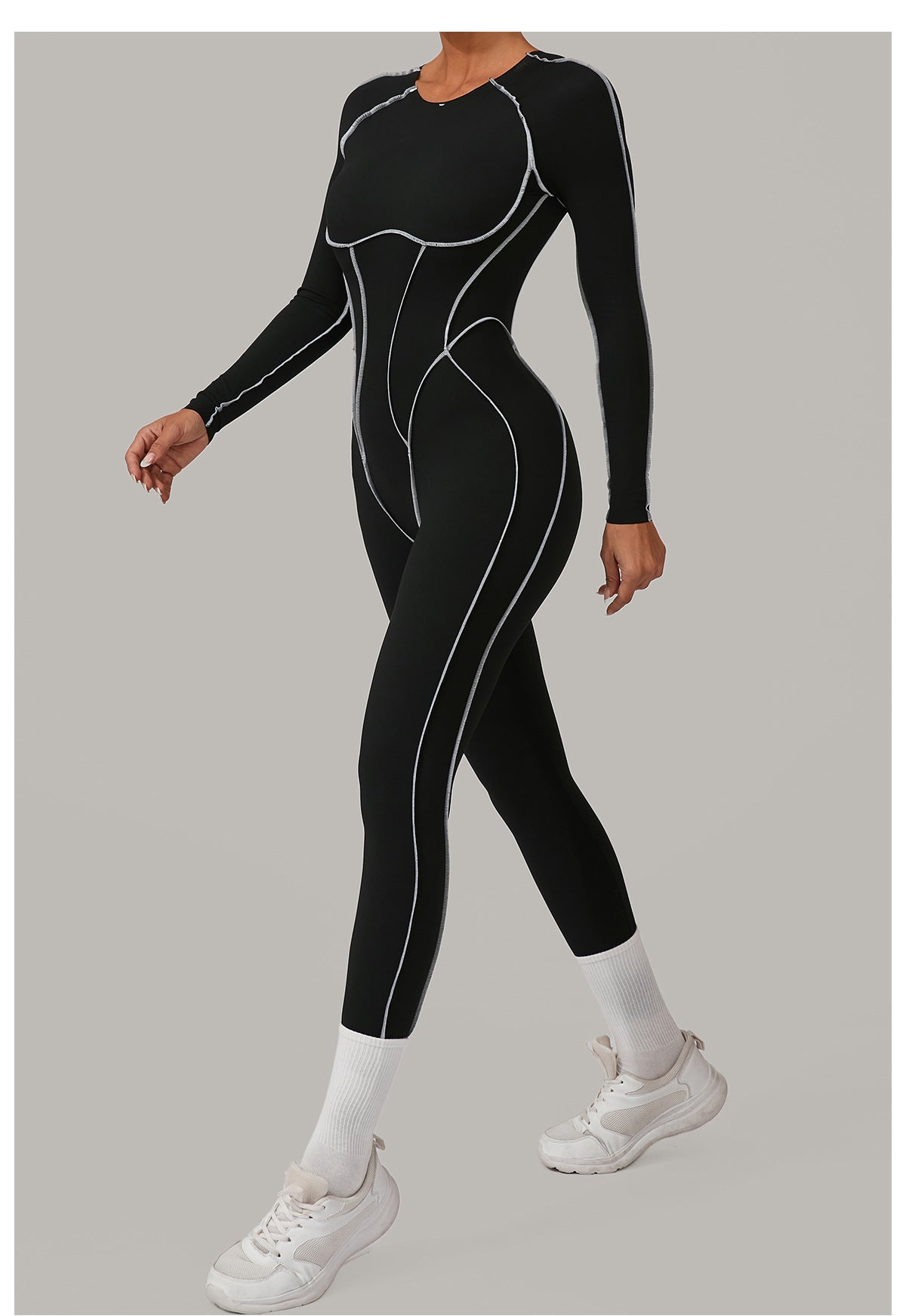 Contrast Seam Open Back Long Sleeve Jumpsuit
