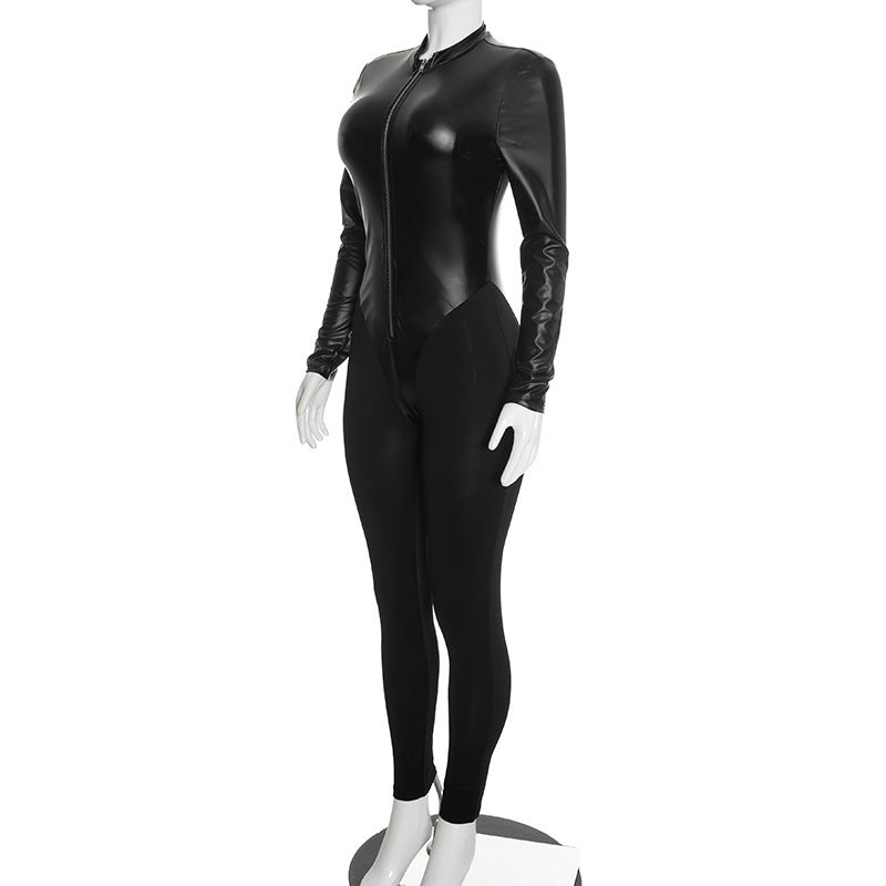 Faux Leather Zip-Front Long Sleeve Jumpsuit